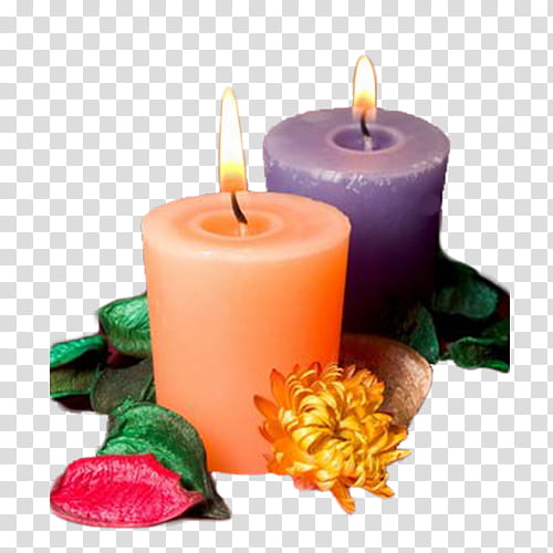 Velas Estilo Vintage, two round orange and purple lighted pillar candles transparent background PNG clipart
