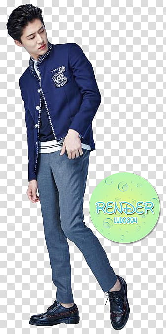 IKON, man wearing blue jacket and gray dress pants transparent background PNG clipart