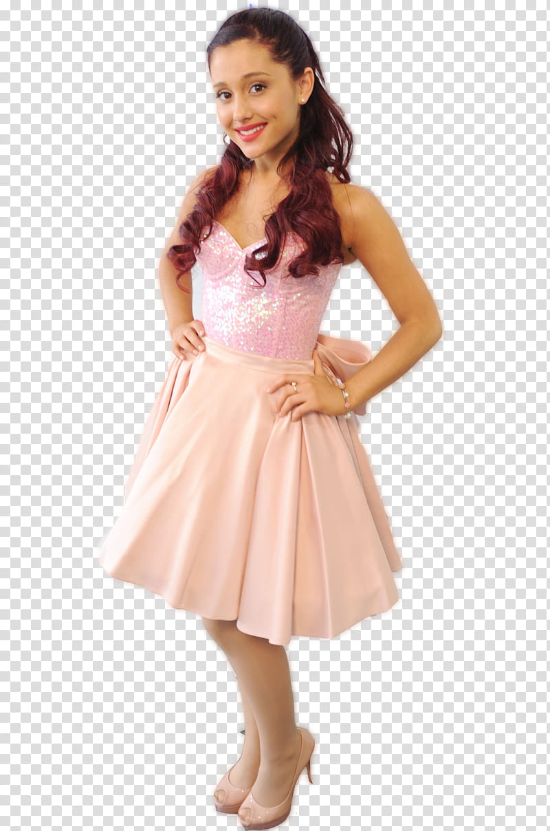 Ariana Grande, smiling woman wearing pink satin dress while hands on hips transparent background PNG clipart