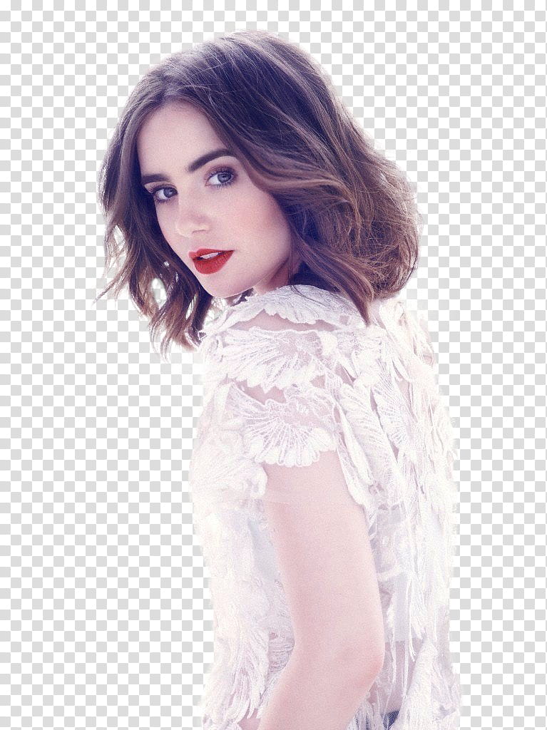 Lily Collins, woman wearing white floral top looking side view transparent background PNG clipart
