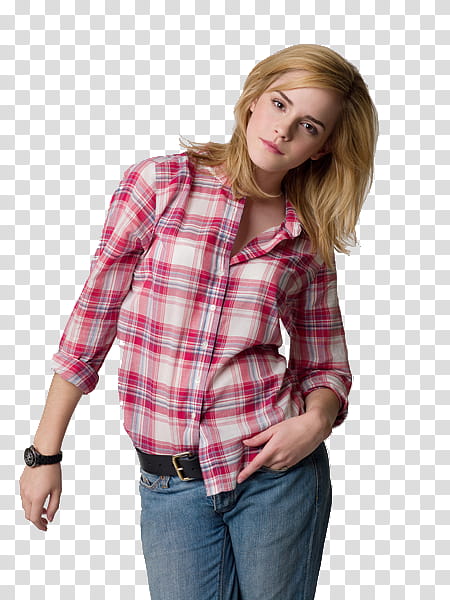 Emma Watson, women's pink and white plaid dress shirt transparent background PNG clipart