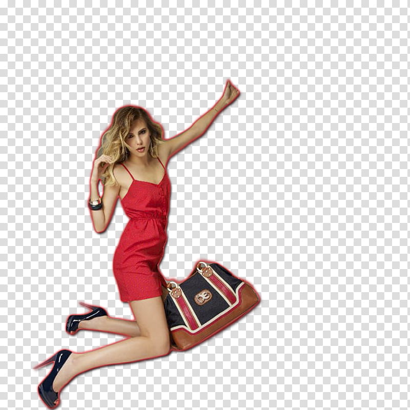 Macarena Achaga, woman in red spaghetti strap rompers jumping transparent background PNG clipart