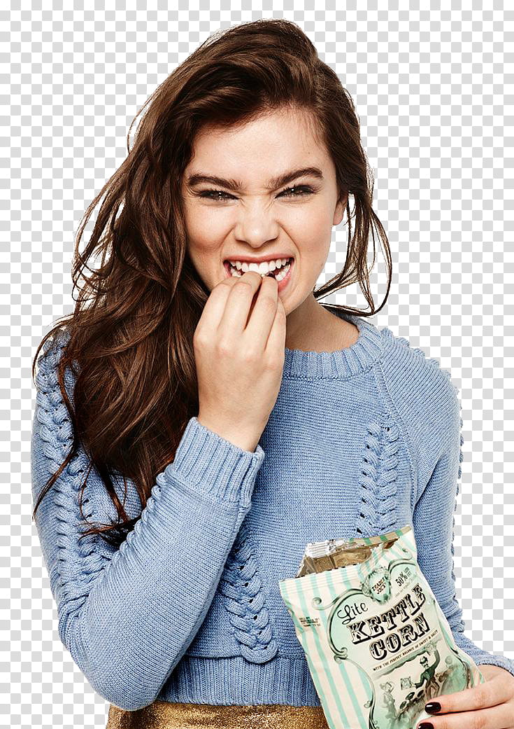Hailee Stainfeld, woman holding product and biting her fingers transparent background PNG clipart