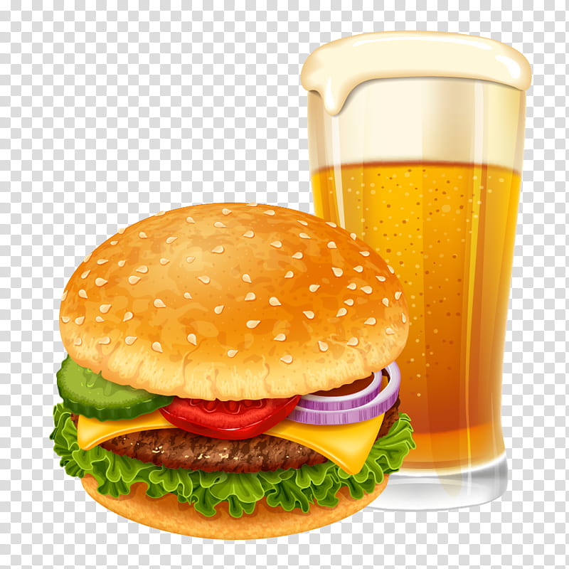 Junk Food, Hamburger, Beer, Cheeseburger, Fast Food, Kids Meal, French Fries, Veggie Burger transparent background PNG clipart