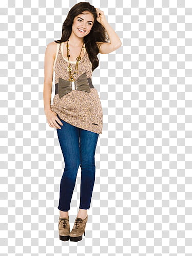Lucy Hale, women's beige sleeveless top and blue skinny jeans transparent background PNG clipart