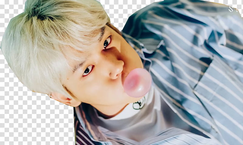 EXO CBX Blooming Day MV, man with bubble gum with blue shirt transparent background PNG clipart