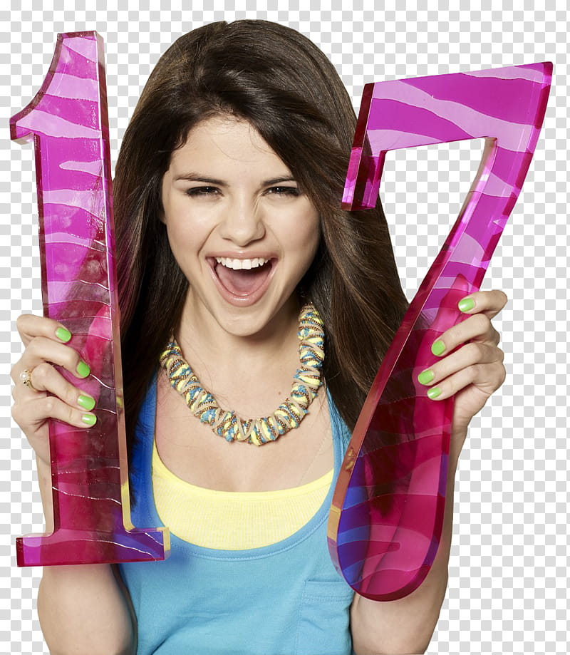 feat SELENA GOMEZ IV, Selena Gomez holding purple  and  freestanding numbers transparent background PNG clipart