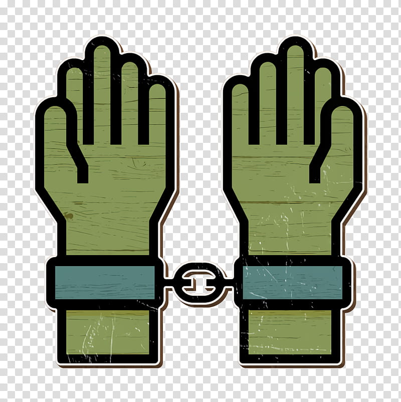 Jail icon Handcuffs icon Crime icon, Glove, Personal Protective Equipment, Green, Safety Glove, Finger, Sports Gear, Gesture transparent background PNG clipart