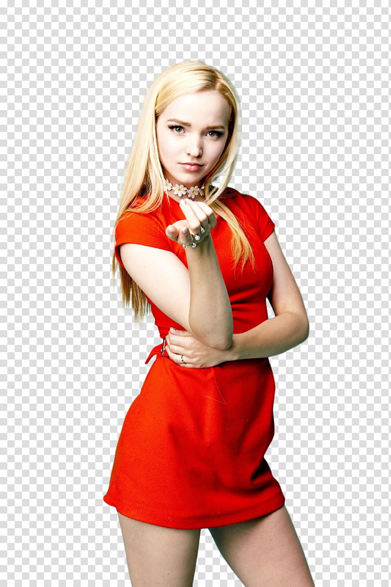 Dove Cameron, woman wearing red cap-sleeved bodycon mini dress transparent background PNG clipart