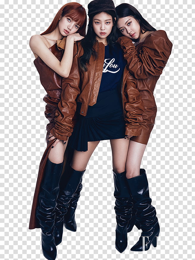 BLACKPINK, Blackpink member wearing brown leather jackets transparent background PNG clipart