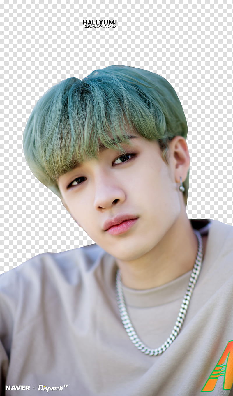 Bang Chan, green-haired man wearing gray crew-neck top transparent background PNG clipart