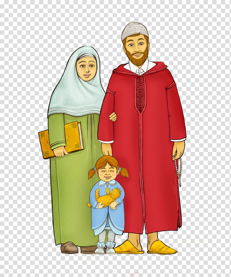 Muslim family, red and green couple with child illustration transparent background PNG clipart