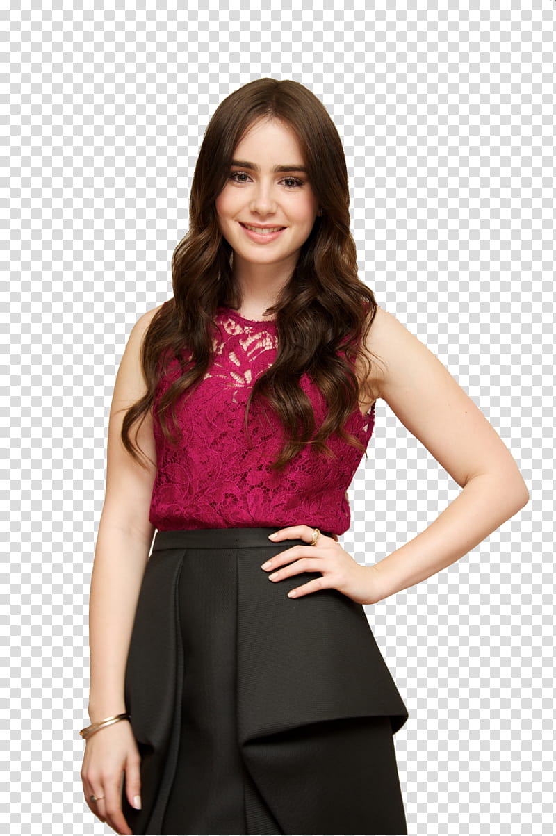 Lily Collins, woman wearing red blouse transparent background PNG clipart