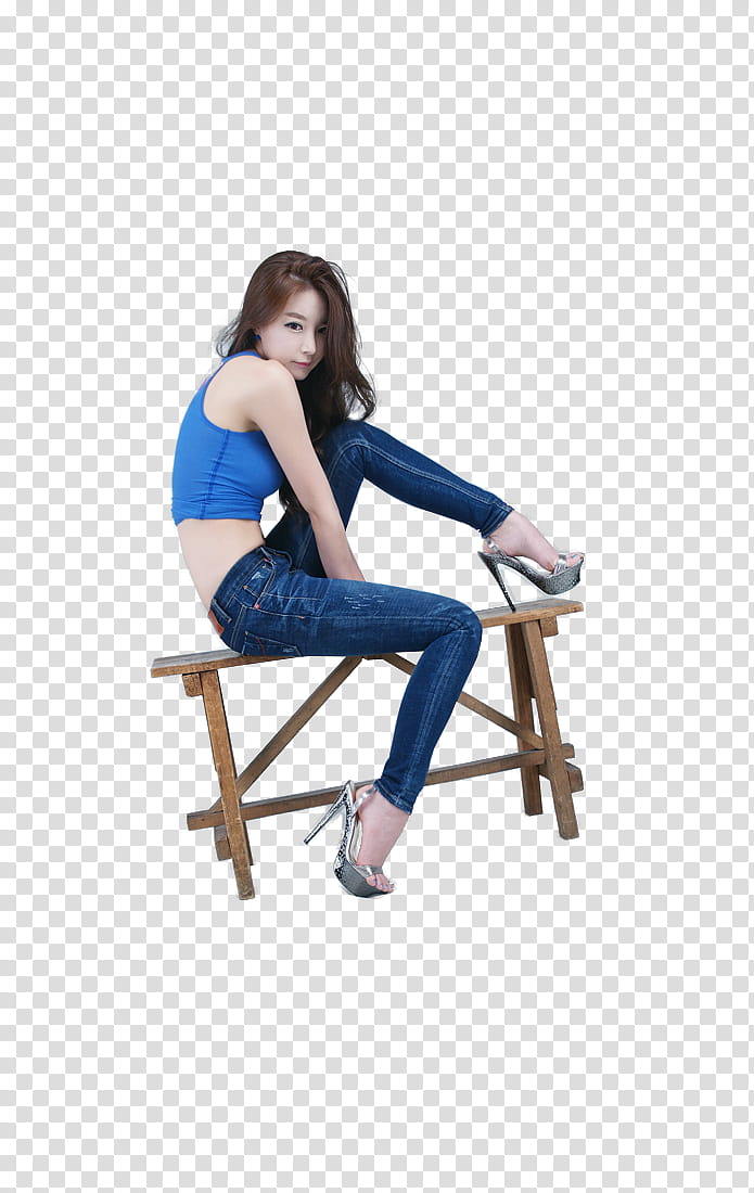 woman in blue crop top, blue jeans, and gray stilettos sitting on wooden bench transparent background PNG clipart