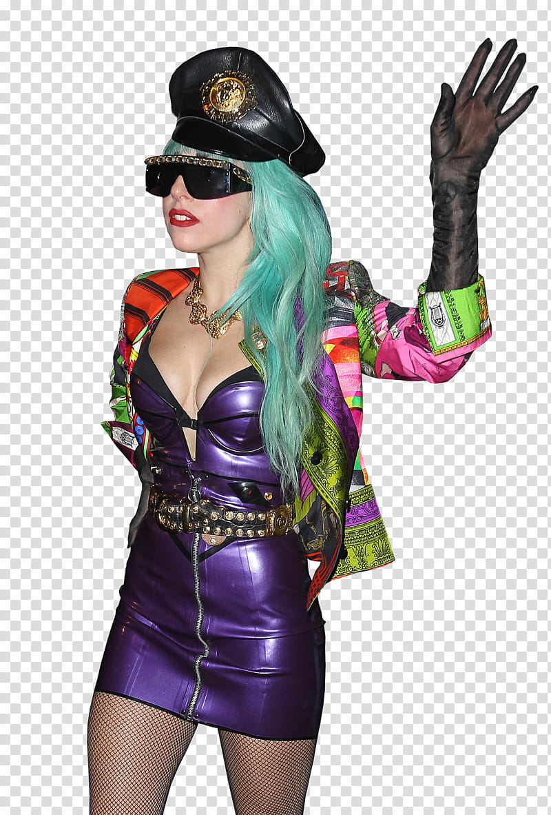 Lady Gaga , woman wearing purple leather bodycon dress raising left hand transparent background PNG clipart