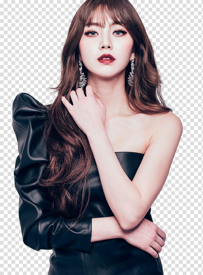 CHAE EUN, woman wearing black one-shoulder top right arm holding on shoulder transparent background PNG clipart