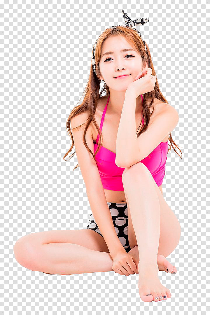 MIN AH YEON, smiling woman wearing pink crop top and white shorts sitting on floor transparent background PNG clipart