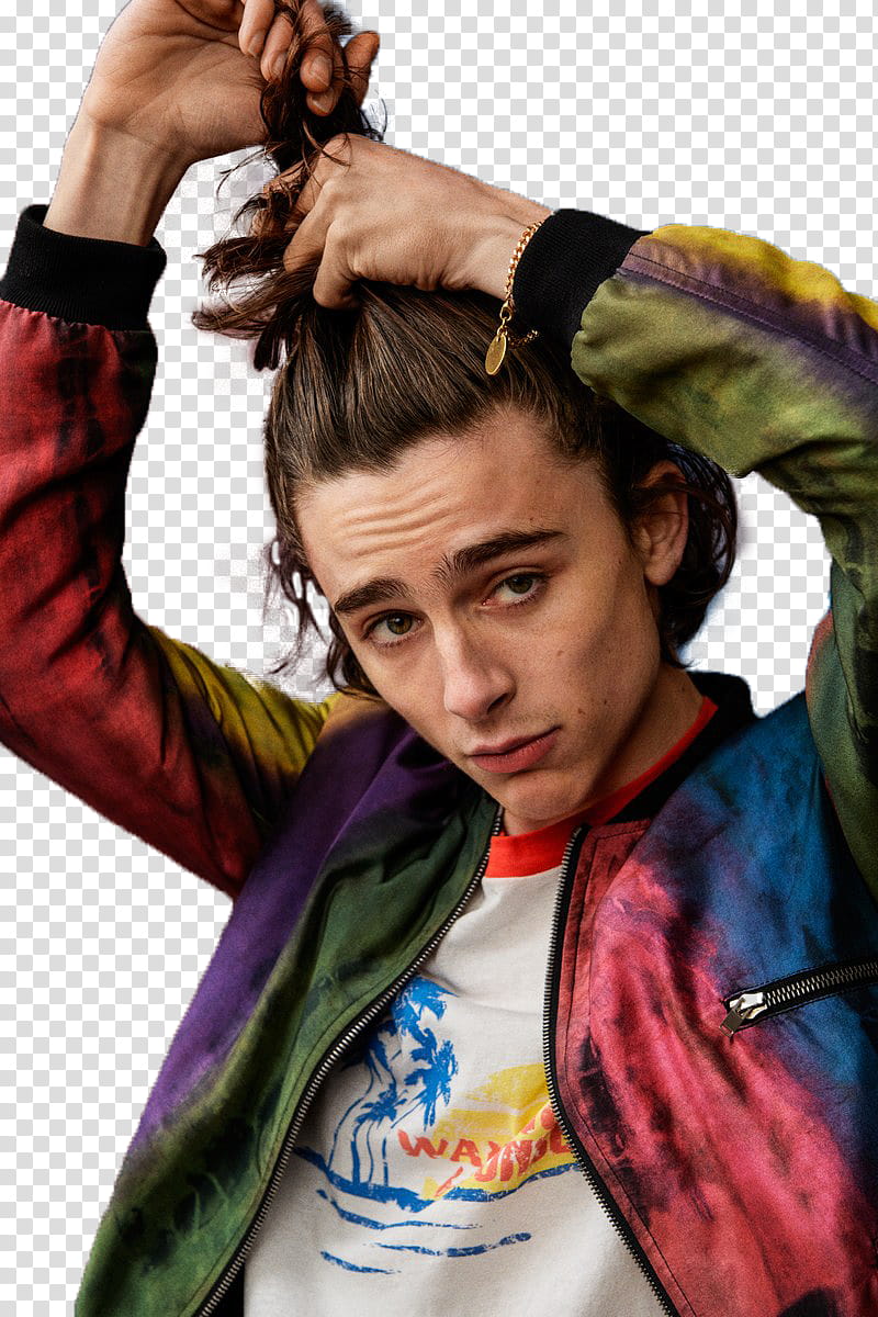 Timothee Chalamet, man wearing multicolored zip-up jacket holding hair transparent background PNG clipart