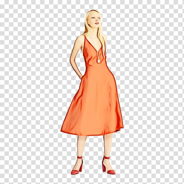 Orange, Watercolor, Paint, Wet Ink, Clothing, Dress, Day Dress, Aline, Peach, Cocktail Dress transparent background PNG clipart