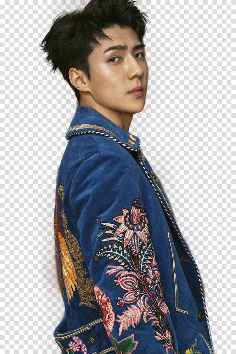 Sehun EXO L OPTIMUM , man in blue and pink floral blazer transparent background PNG clipart