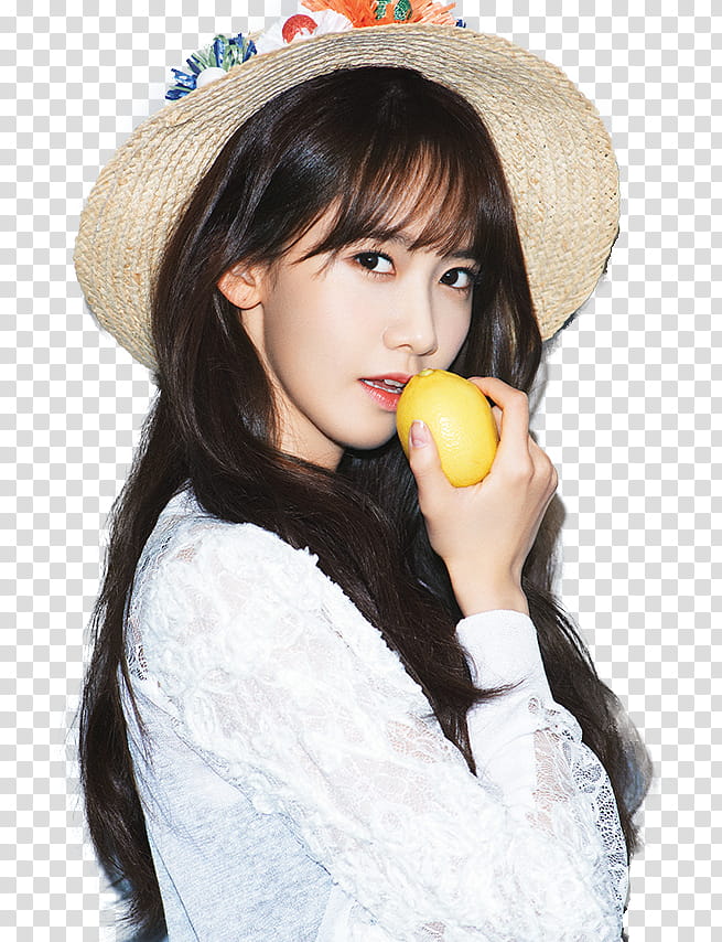 Yoona, woman holding yellow fruit while wearing brown straw hat transparent background PNG clipart