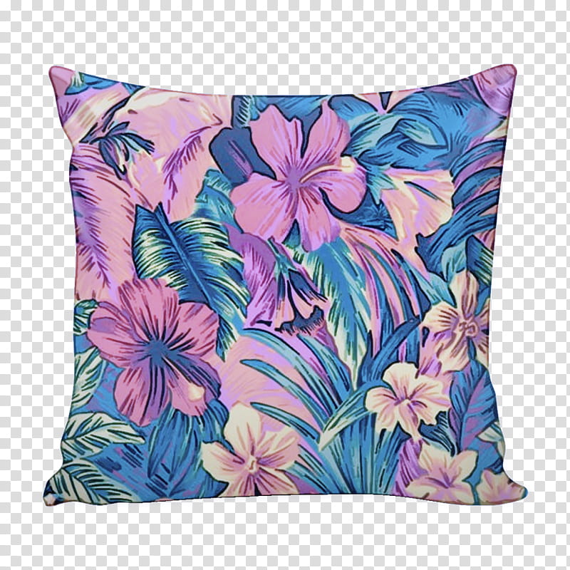 aqua throw pillow cushion purple pink, Hawaiian Hibiscus, Green, Turquoise, Teal, Violet transparent background PNG clipart