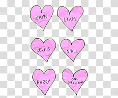 six heart shapes drawing of One Direction band member's name transparent background PNG clipart