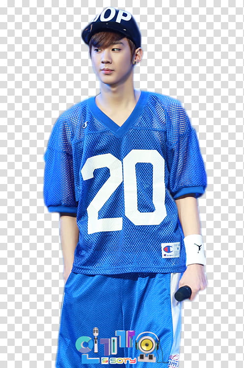 Chunji Teen Top , man wearing blue Champion V-neck shirt while holding microphone transparent background PNG clipart