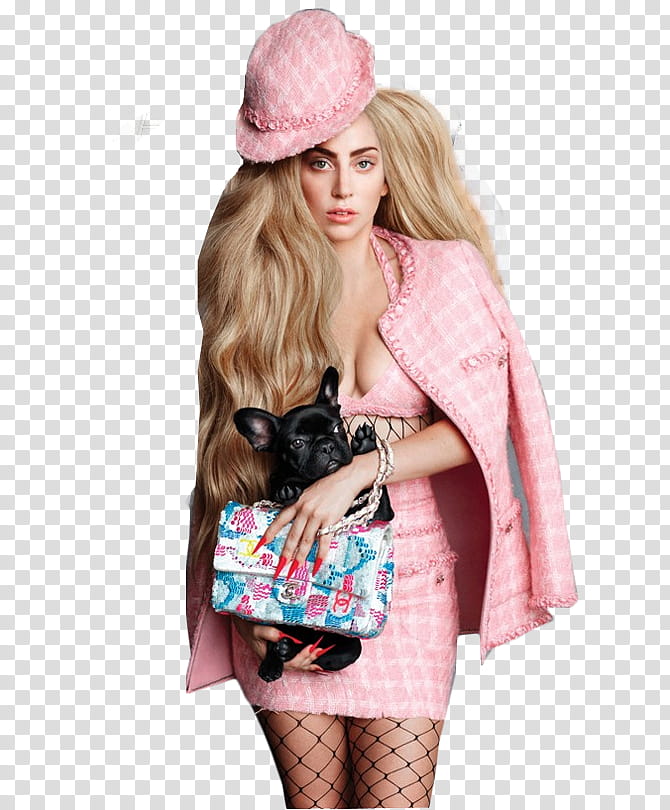 Lady Gaga, woman in pink jacket carrying black French bulldog puppy transparent background PNG clipart