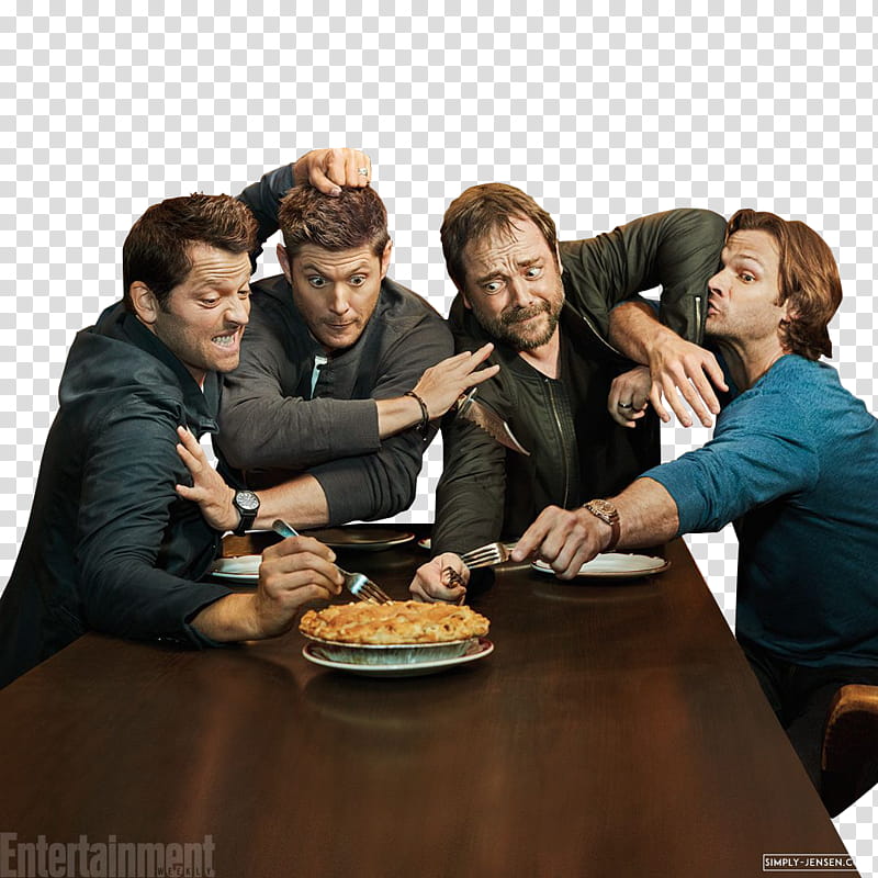 Supernatural Cast, four men sitting beside brown table transparent background PNG clipart