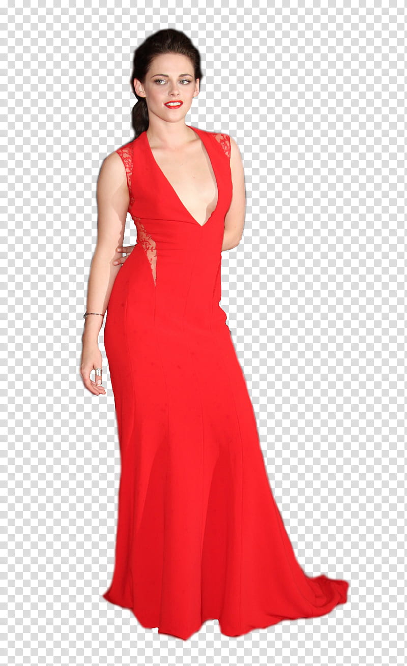 woman in red deep V-neck sleeveless dress transparent background PNG clipart
