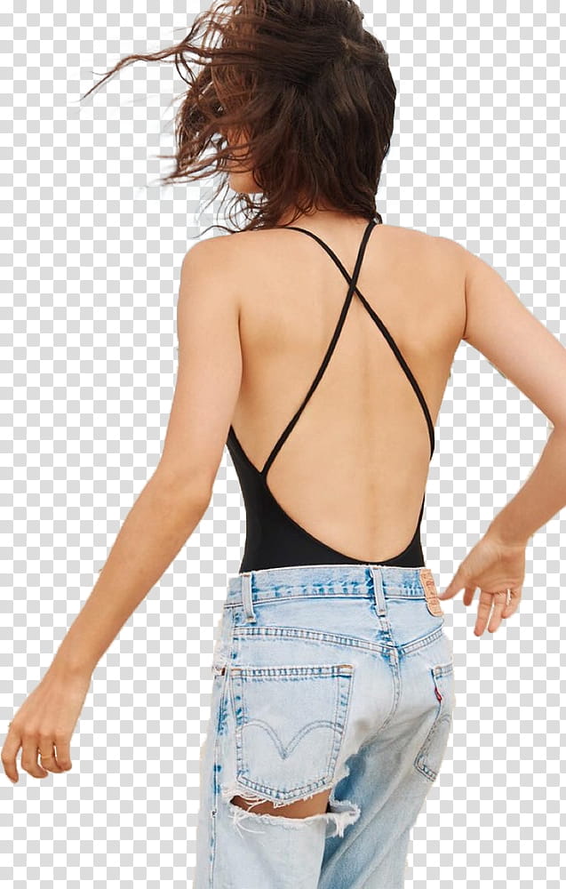 Phoebe Tonkin, woman in black racerback top and distressed denim bottoms transparent background PNG clipart