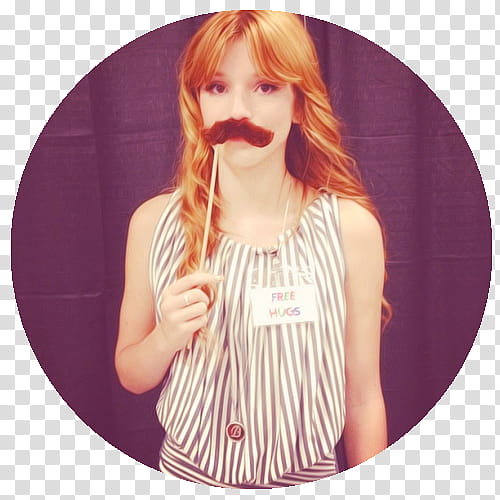 Bella Thorne, woman in gray and white stripe sleeveless top holding artificial mustache transparent background PNG clipart