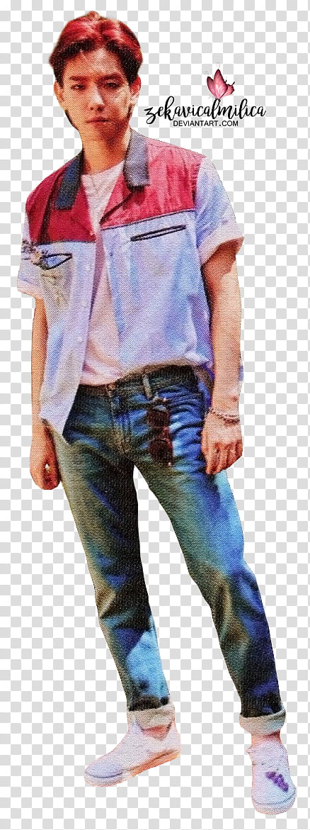 EXO Baekhyun The War, man wearing red and blue button-up shirt and blue jeans transparent background PNG clipart