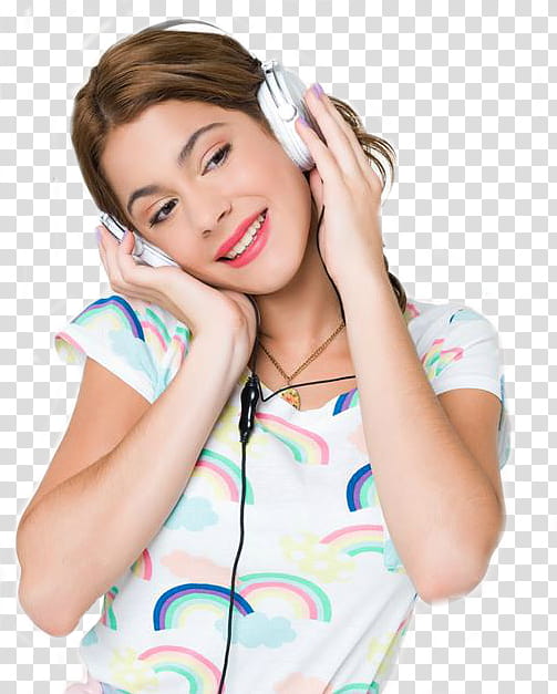 Violetta, woman wearing multicolored top holding headphones transparent background PNG clipart