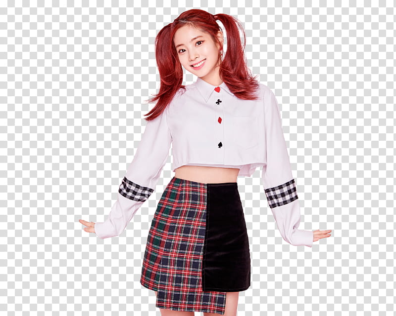 TWICE, Twice member wearing white crop top and kilt skirt transparent background PNG clipart