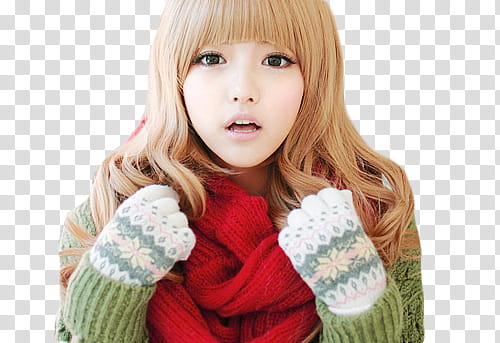 Ulzzang, blonde-haired girl wearing red scarf transparent background PNG clipart