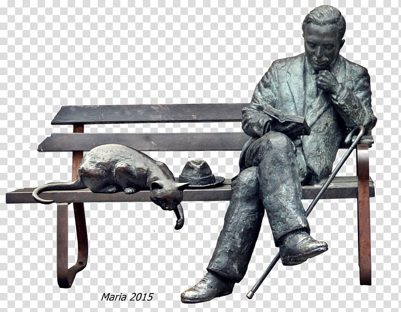 old man with cat, man sitting on bench beside cat figurine transparent background PNG clipart