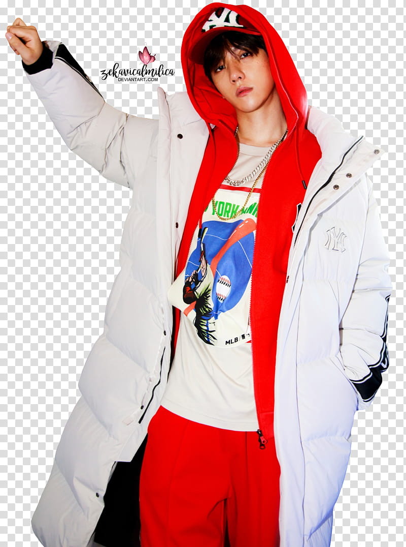 EXO Baekhyun MLB, man looking at camera while wearing white and red hoodie transparent background PNG clipart