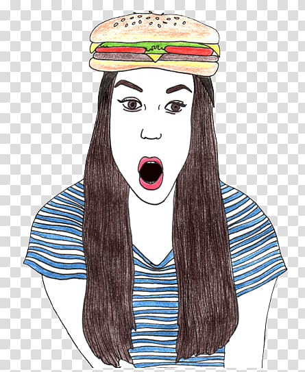 s, woman opening her mouth with burger on her head illustration transparent background PNG clipart