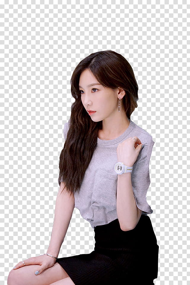 RENDER SNSD CASIO , woman sitting on floor wearing gray short-sleeved shirt and black skirt transparent background PNG clipart