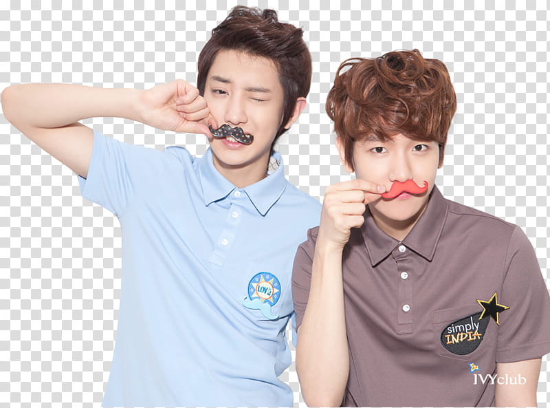 EXO Baekyeol, two men holding mustache toy transparent background PNG clipart