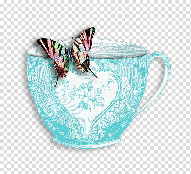 Three for Tea Elements, teal and white teacup with butterfly on tip art transparent background PNG clipart