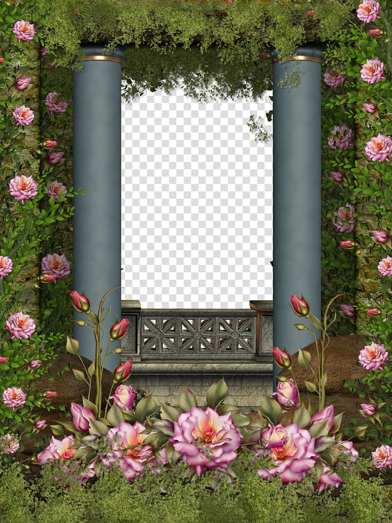 Balcony, blue window surrounded by pink flowers transparent background PNG clipart