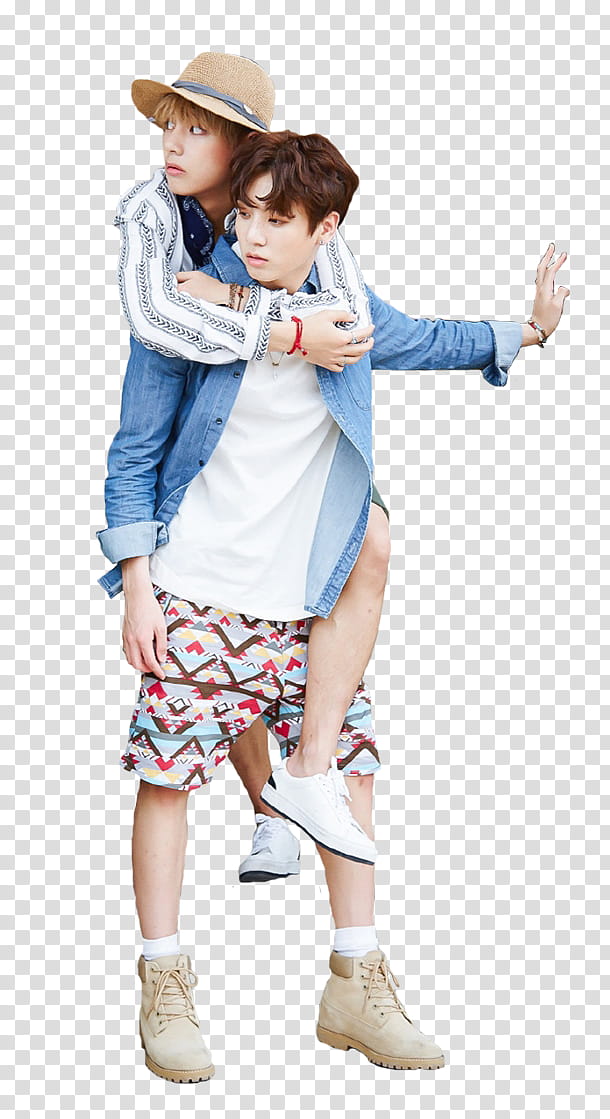 Vkook In Dubai, BTS Kim Tae-hyung riding on Jeon Jung-kook back transparent background PNG clipart