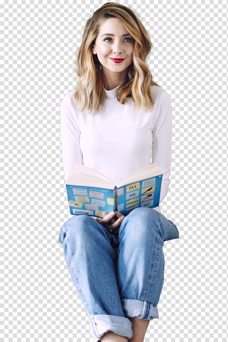 Zoe Sugg, woman sitting and smiling while holding book transparent background PNG clipart