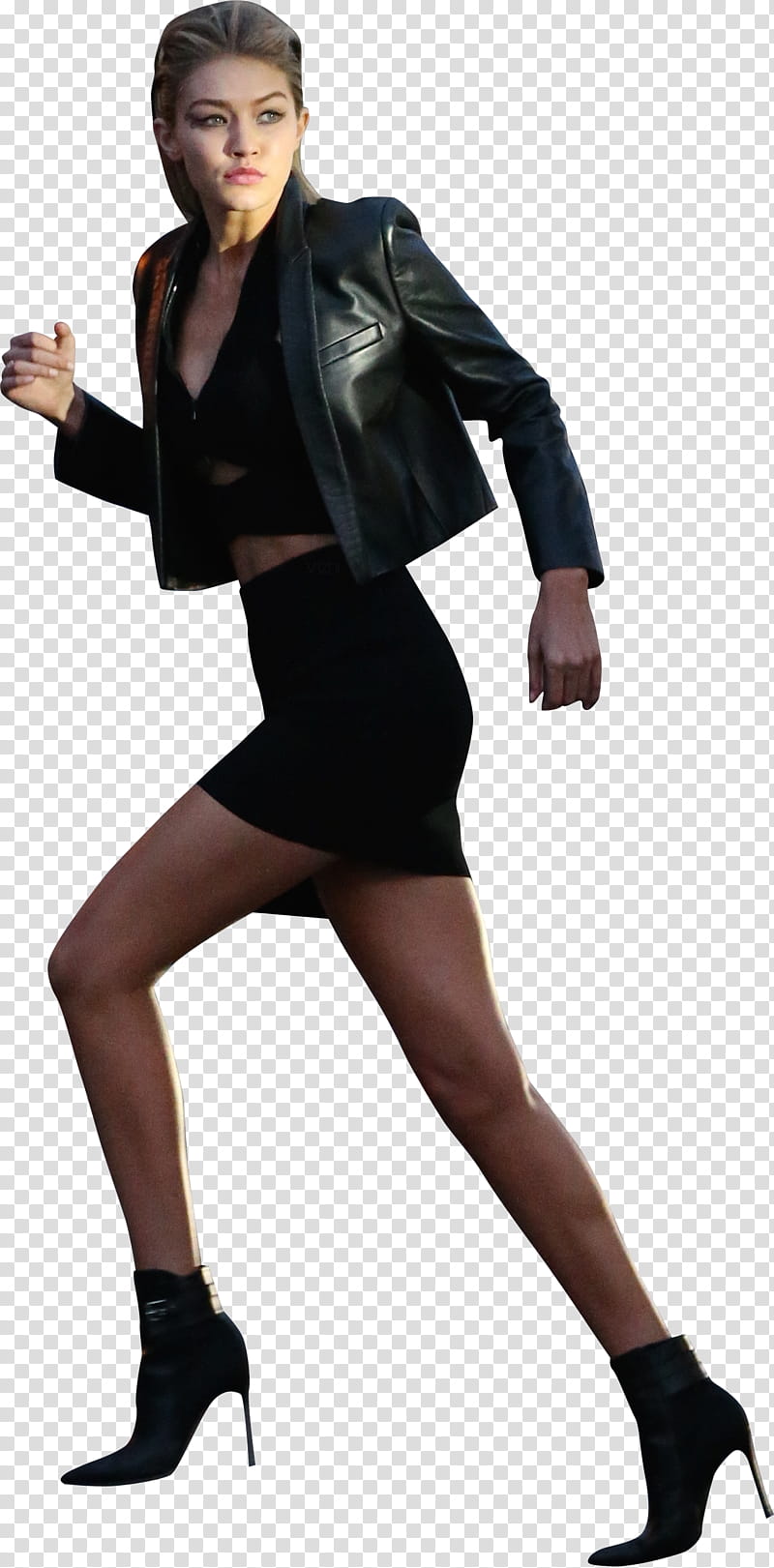 Gigi Hadid, woman in black leather jacket and skirt transparent background PNG clipart