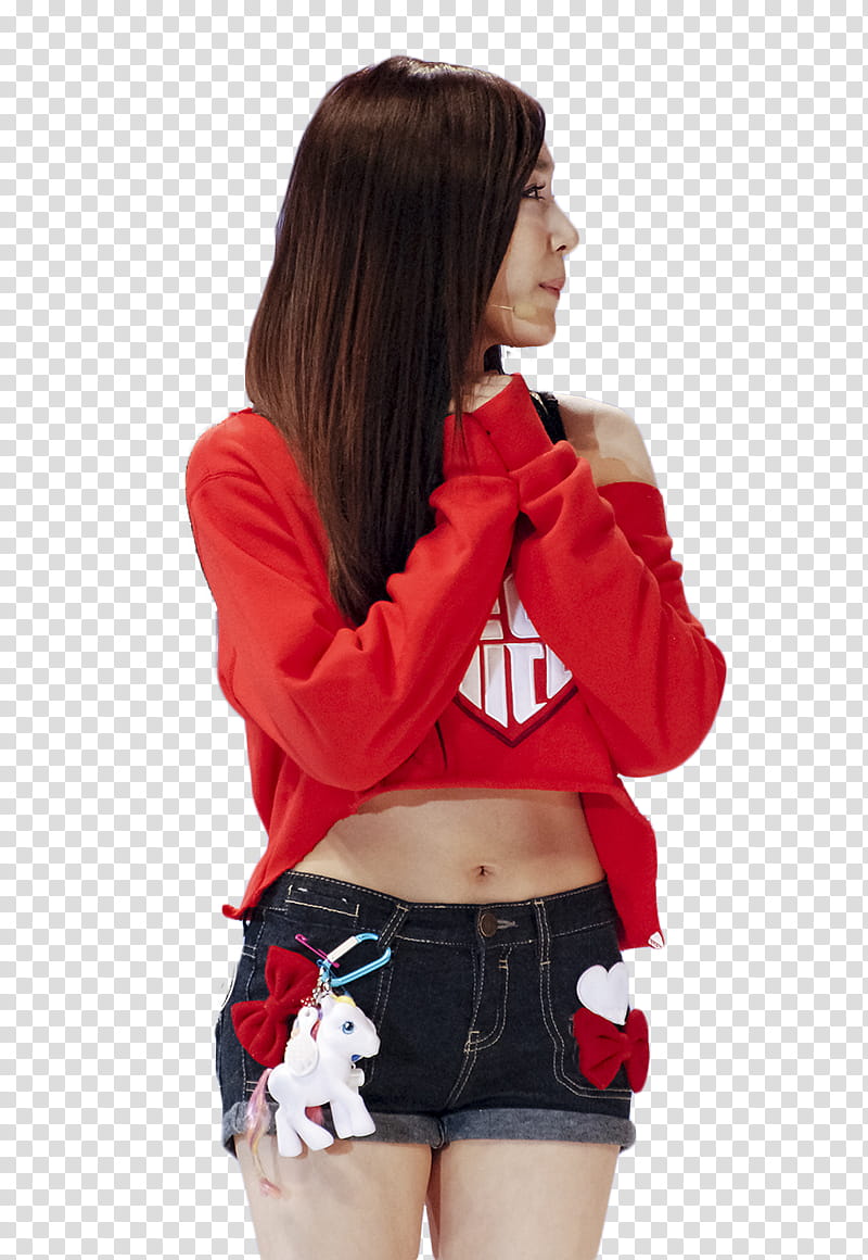 Tiffany  Pics, women's red and white long-sleeved crop-top and blue denim short shorts transparent background PNG clipart