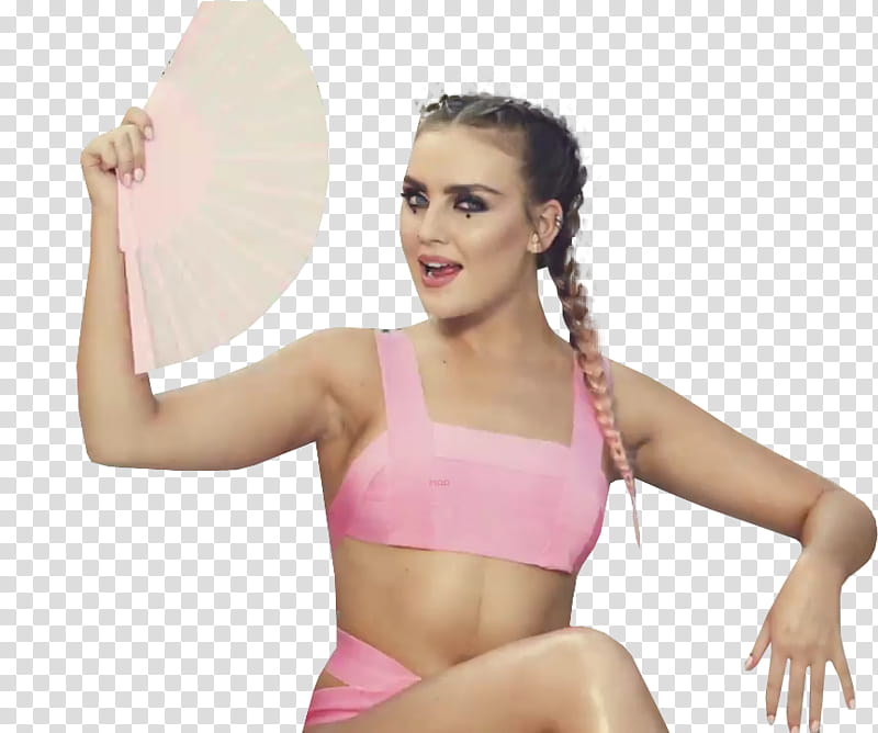 Little Mix, woman in pink sports bra holding pink hand fan transparent background PNG clipart
