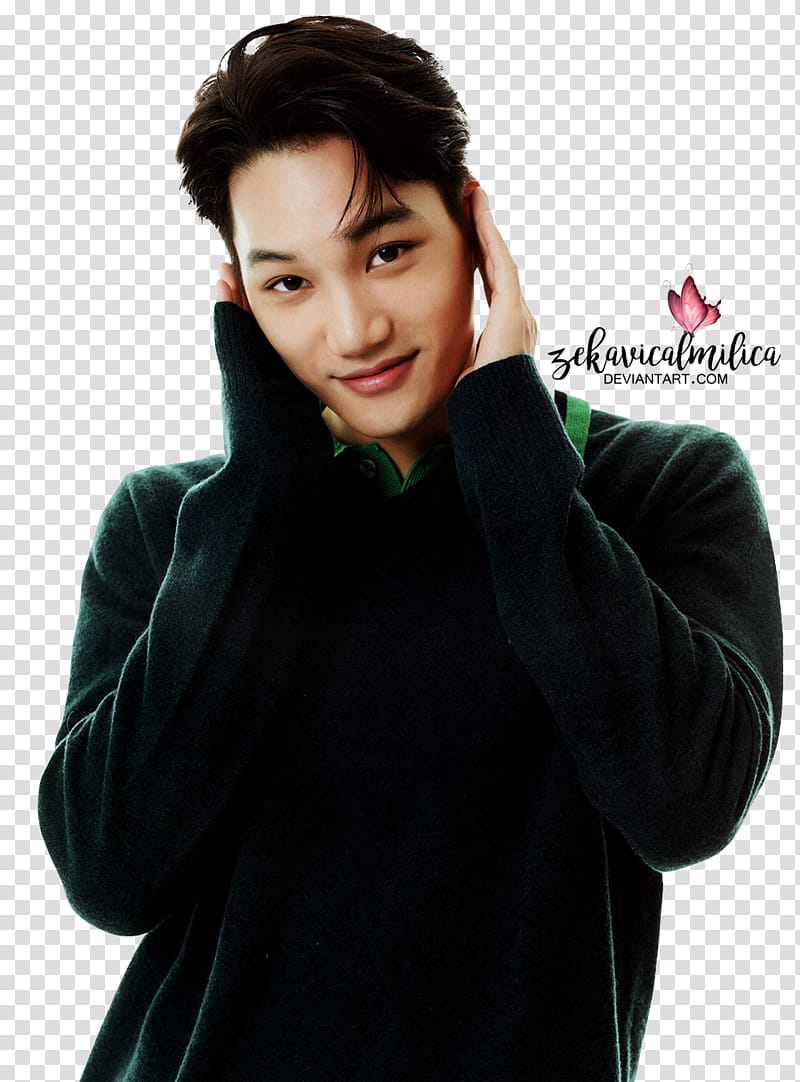 EXO Kai Hanryu Top, man wearing green sweatshirt with hands on face transparent background PNG clipart